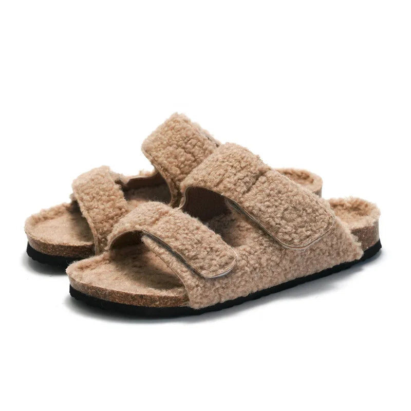 Comwarm Fashion Cork Footbed Fur Slippers For Women Men Winter Outdoor Wool Clogs Slippers Premium Soft Thick Sloed Home Slipper - Tamnz