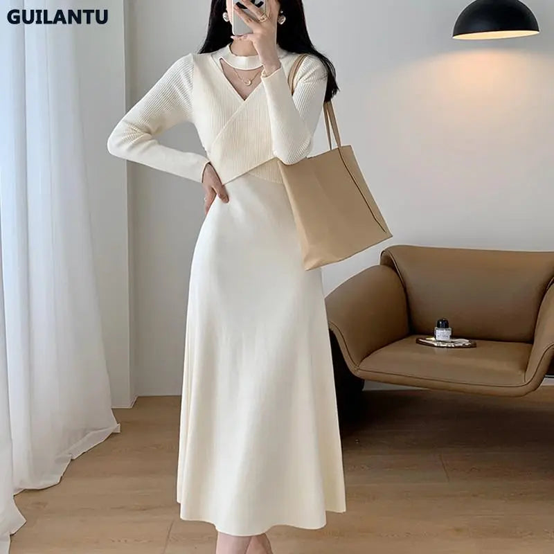 Women's Pullover Knitting Dresses V Neck Long Sleeve Bandahe Black Midi Dress Korean Style Elegant Vintage Sweater Knit Dress - TaMNz