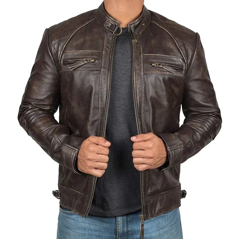 Plus Size Jacket S-5XL Men's Autumn Winter Leather Jacket Casual Stand Collar Motorcycle Biker Coat Zip Up Outwear - Tamnz