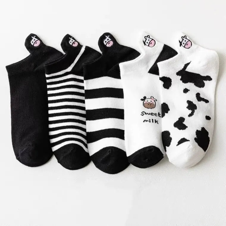 5 Pairs Womens Socks Lovely Cow Pattern Short Socks Creative Printing Socks Ankle Sock - Tamnz