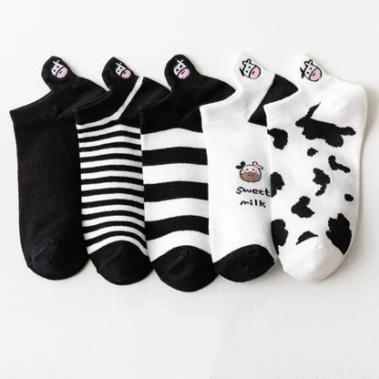 5 Pairs Womens Socks Lovely Cow Pattern Short Socks Creative Printing Socks Ankle Sock - TaMNz