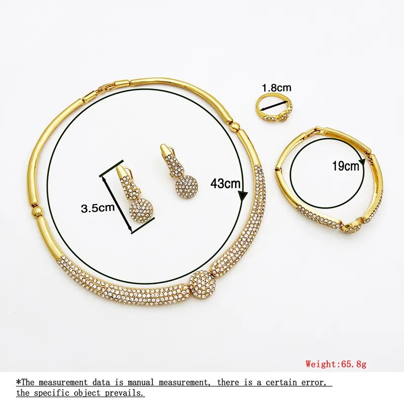 Dubai Gold Plated Jewelry Set Vintage Round Charm Rhinestone Necklace Bracelet Earring Ring For Wedding Bride Women Jewelry Sets - TaMNz