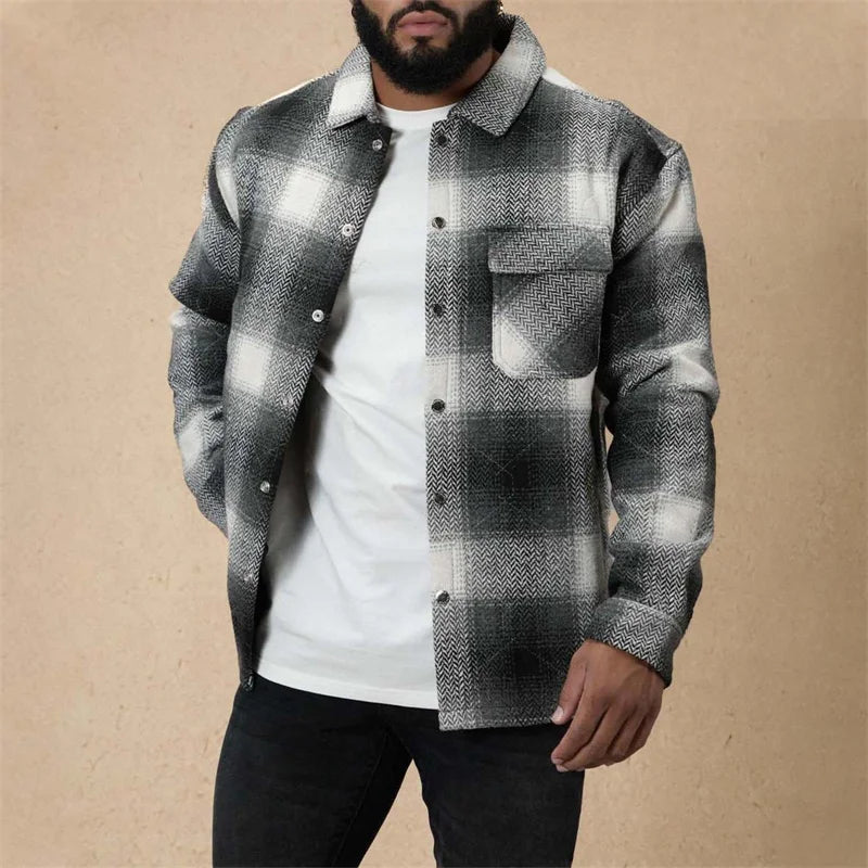 Men’s Flannel Shirt Jacket Casual Long Sleeve Lapel Collar Plaid Print Button Up Shacket Jacket Outwear - Tamnz