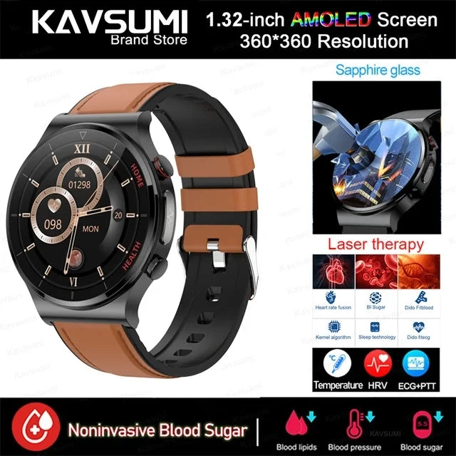 Blood Sugar Smartwatch ECG PPG Heart Rate Laser Treatment Sapphire Glass - Tamnz