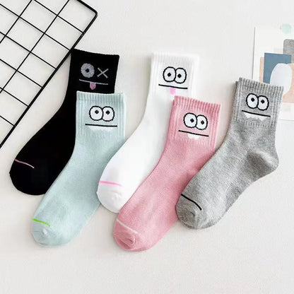 5 Pairs Cute Expression Print Socks, Comfy & Funny All-match Mid Tube Socks, Women's Stockings & Hosiery - TaMNz