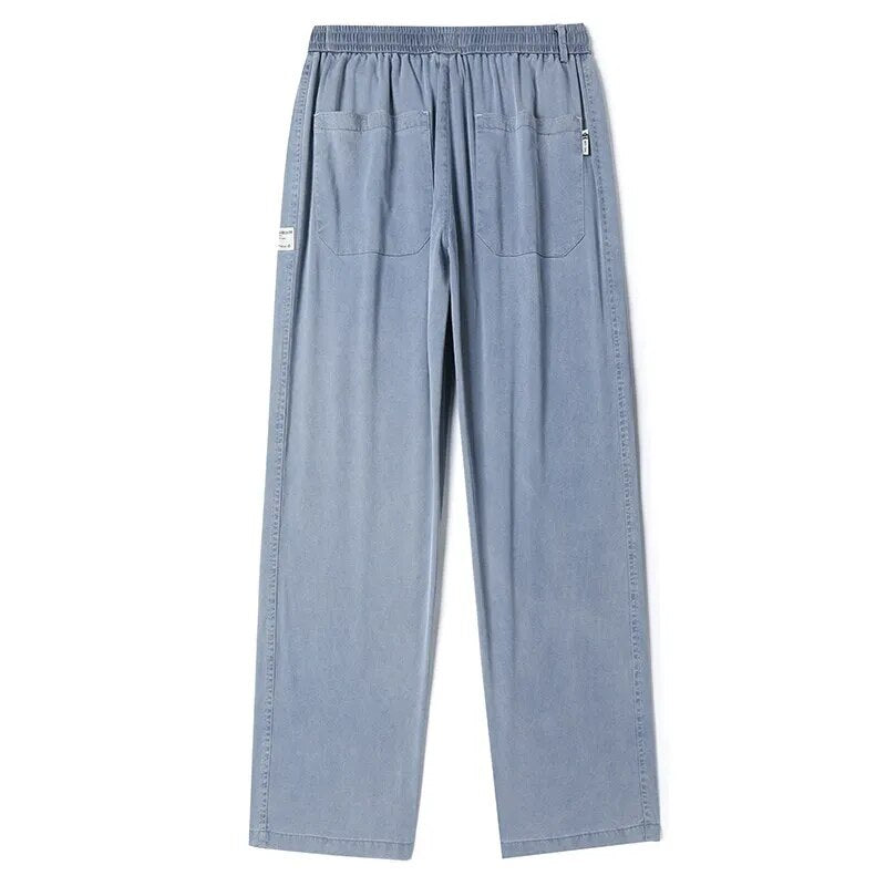 Summer Soft Lyocell Fabric Men's Jeans Thin Loose Straight Pants Drawstring Elastic Waist Korea Casual Trousers Plus Size M-5XL - TaMNz