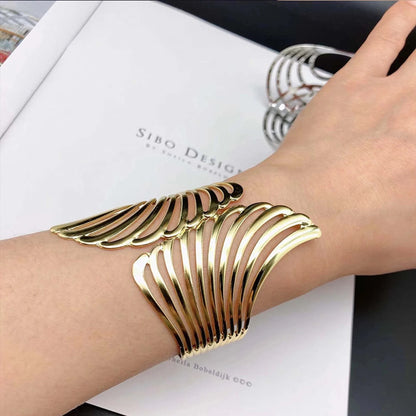 Hollow Wings Feather Wide Cuff Bracelets & Bangles For Women Men Gold Silver Color Alloy Open Big Male Female Bangle Jewelry - TaMNz