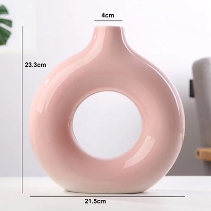 Nordic Vase Circular Hollow Ceramic Donuts Flower Pot Home Living Room Decoration Accessories Interior Office Desktop Decor Gift - TaMNz