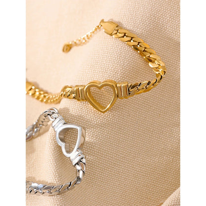 Yhpup (Wrist over 40mm fit this style) High Quality Love Heart Cuban Chain Stainless Steel Metal Bracelet Waterproof Jewelry