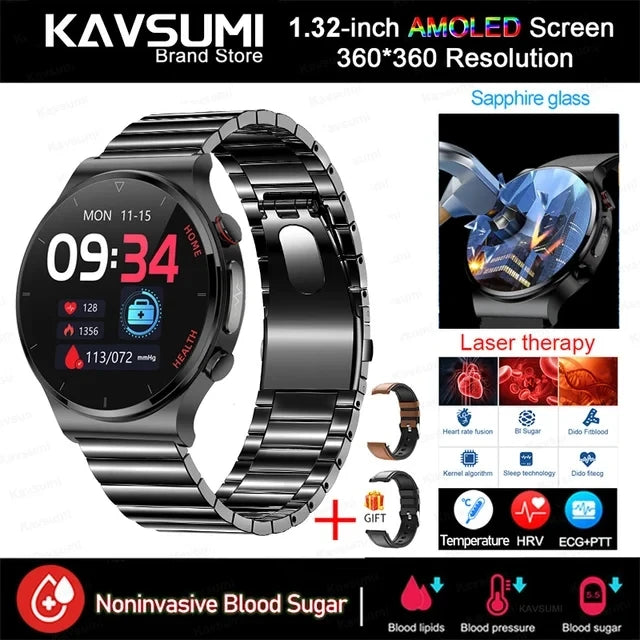 Blood Sugar Smartwatch ECG PPG Heart Rate Laser Treatment Sapphire Glass - Tamnz