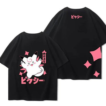 （Miniso) Pokemon Anime Clefable Jump Summer Cute Art Style Short Sleeved Loose Clothes Women Tshirts Trend Fashion Cartoon Tops