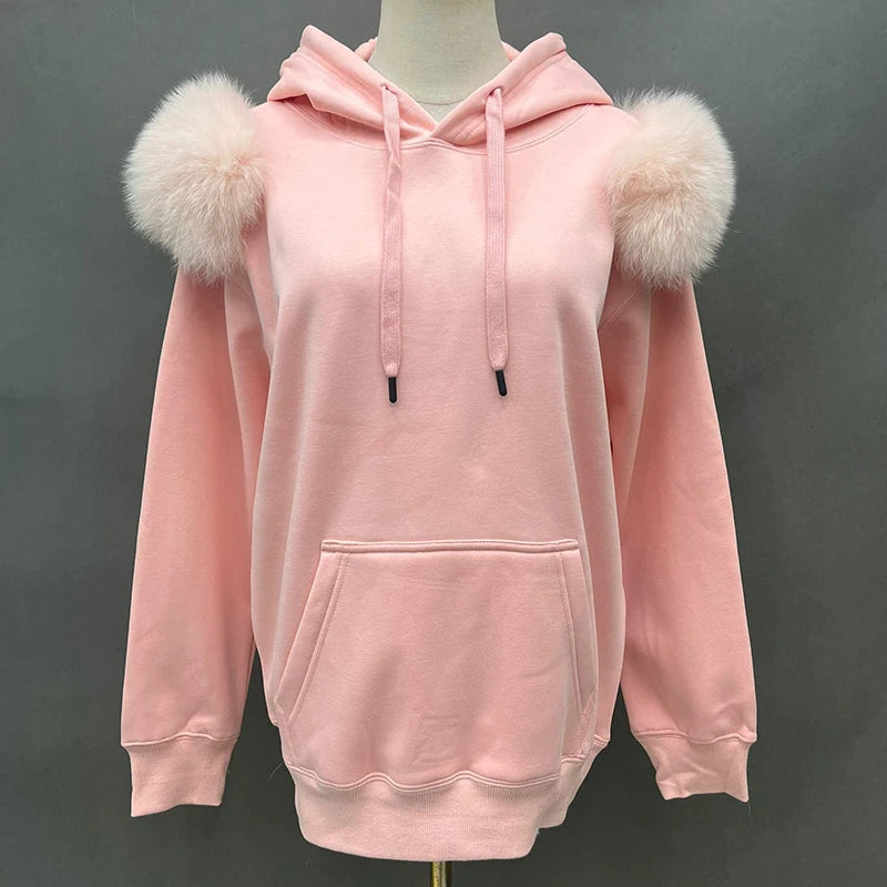 2022 New Arrival Autumn Winter Hoodie Women Fleece Pullover With Hood Real Fox Fur Lady Coat Jackets S5185 - Tamnz