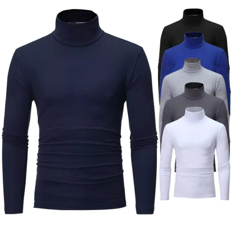 Fashion Men's Casual Slim Fit Basic Turtleneck High Collar Pullover Male Autumn Spring Thin Tops Basic Bottoming Plain T-shirt - TaMNz