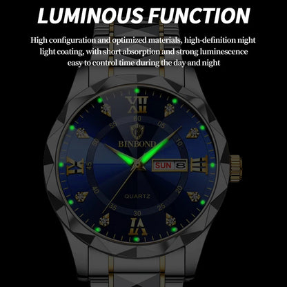 BINBOND Top Brand Luxury Fashion Quartz Watch Men Waterproof Week Date Clock Stainless Steel Sport Watch Men Quartz Wristwatch