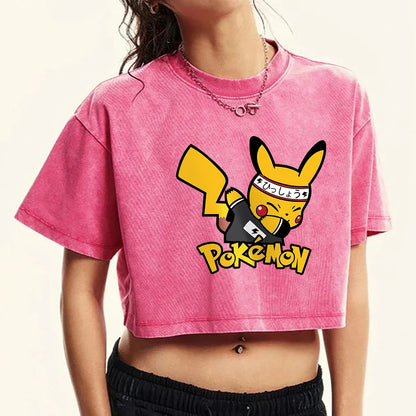 Japanese Anime Pikachu Woman T Shirts Summer American Retro Cotton Breathable Tee Shirt Fashion Casual Home Tshirt Short Sleeved