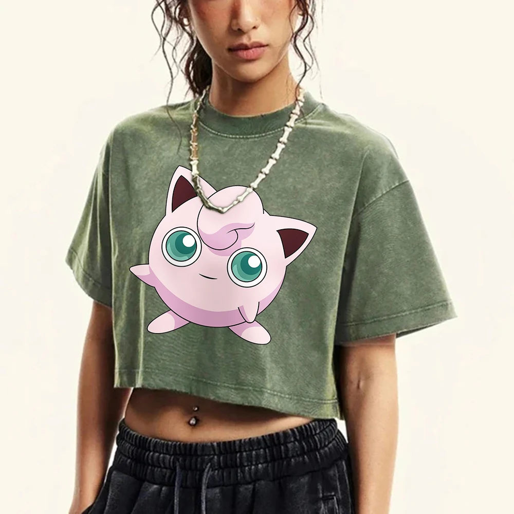 Jigglypuff プリン Japanese Tee Clothing Womens Summer American Retro Cotton Casual Tee Shirt Humor Breathable T-Shirt Crop Soft