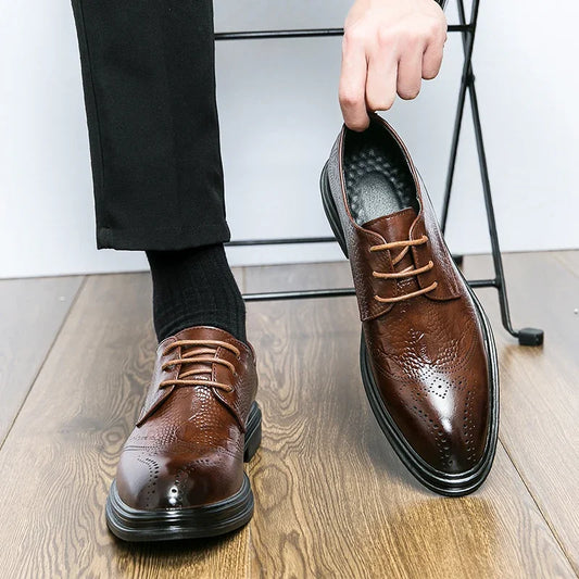 Zapatos formales de fiesta con cordones y punta redonda marrón para hombre Zapatos de vestir de cuero Pu