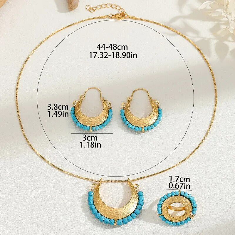 3PCS Ethnic Blue Bead Gold-Color Crescent Moon Jewelry Set Pendant Necklace Ring Hoop Earrings Set For Woman Party Jewelry Gift - TaMNz