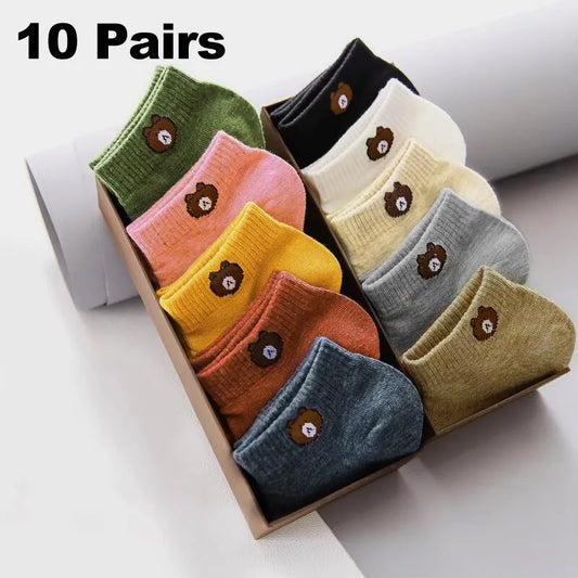 10 Pairs Women Low Tube Socks Set Cute Bear Pattern Fashion Breathable For Female Casual Style Comfortable Socks - TaMNz