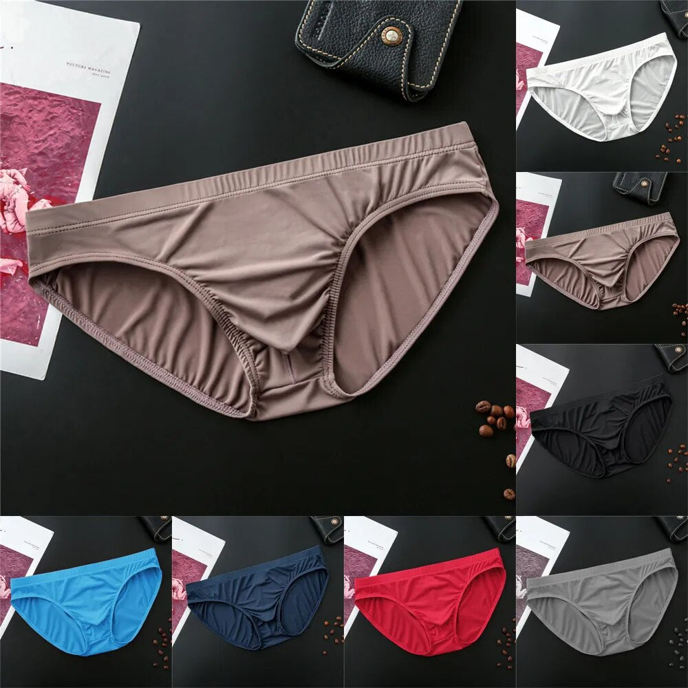 Men's Briefs Sexy Ice Silk U Convex Pouch Underwear Thin Section Breathable Low-Waist Panties Underpants Bikini Slip Homme - TaMNz