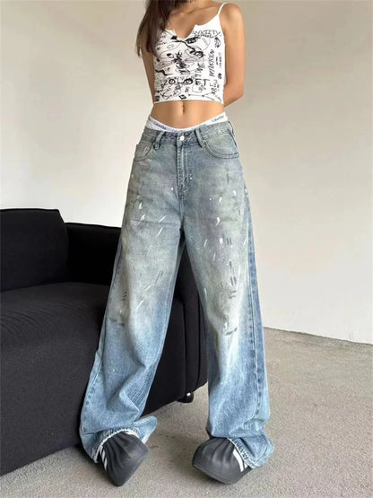 Women's Splashing Paint Graffiti Unisex Wide Leg Jeans Cool Girl Street Fashion Straight Pants Female High Waist Denim Trousers