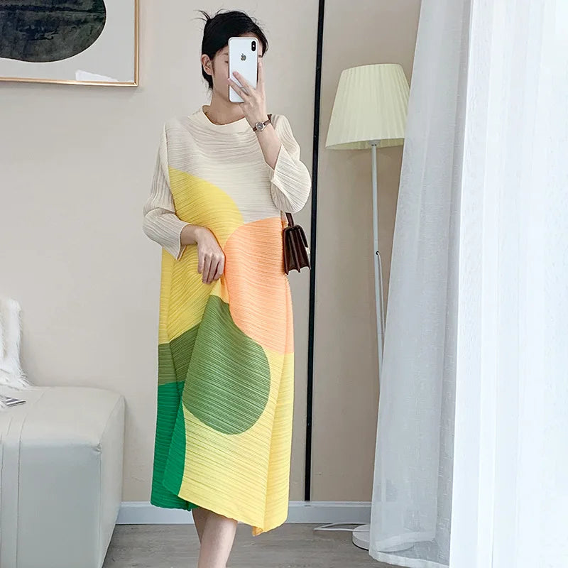 Miyake Women Pleated Dress Geometric Print Long Sleeve Half Turtleneck French Casual - TaMNz