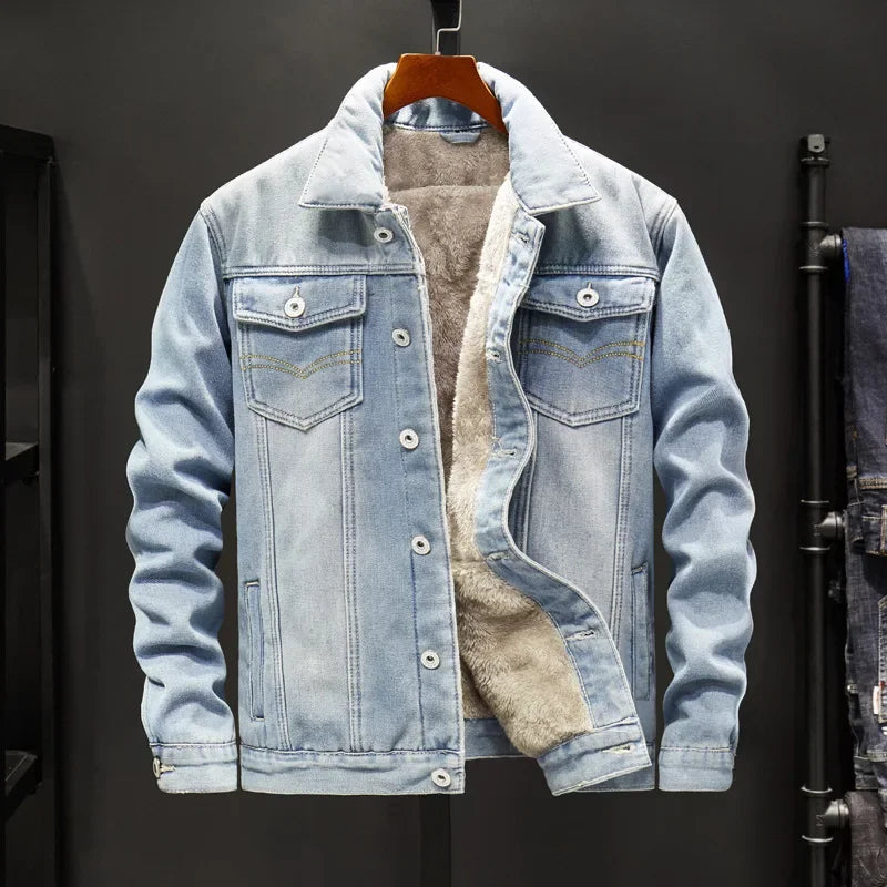 Stylish Denim Jacket For Men Trendy Korean Style Slim Fit Warm Top Fleece Lined Thickened Fall Winter Jacket