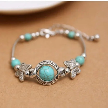 Delysia King 2021 Trendy Women Butterfly Bracelet Carved Pattern Personality Beaded Turquoise Hand Chain