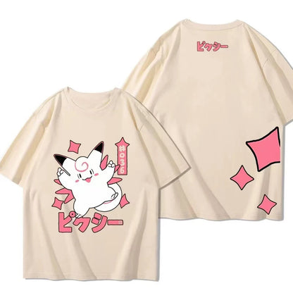 （Miniso) Pokemon Anime Clefable Jump Summer Cute Art Style Short Sleeved Loose Clothes Women Tshirts Trend Fashion Cartoon Tops