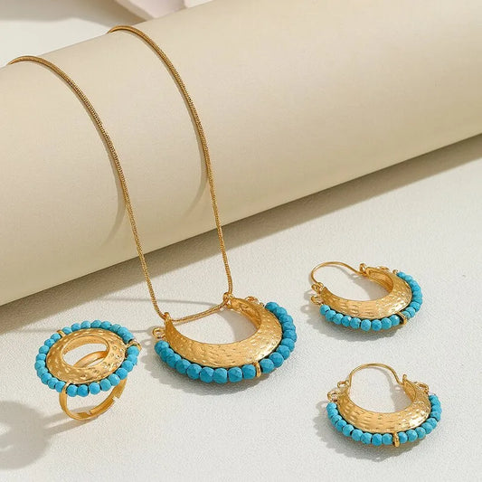 3PCS Ethnic Blue Bead Gold-Color Crescent Moon Jewelry Set Pendant Necklace Ring Hoop Earrings Set For Woman Party Jewelry Gift