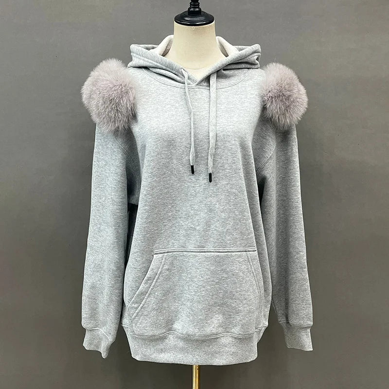 2022 New Arrival Autumn Winter Hoodie Women Fleece Pullover With Hood Real Fox Fur Lady Coat Jackets S5185 - Tamnz