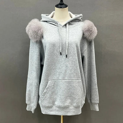 2022 New Arrival Autumn Winter Hoodie Women Fleece Pullover With Hood Real Fox Fur Lady Coat Jackets S5185 - Tamnz