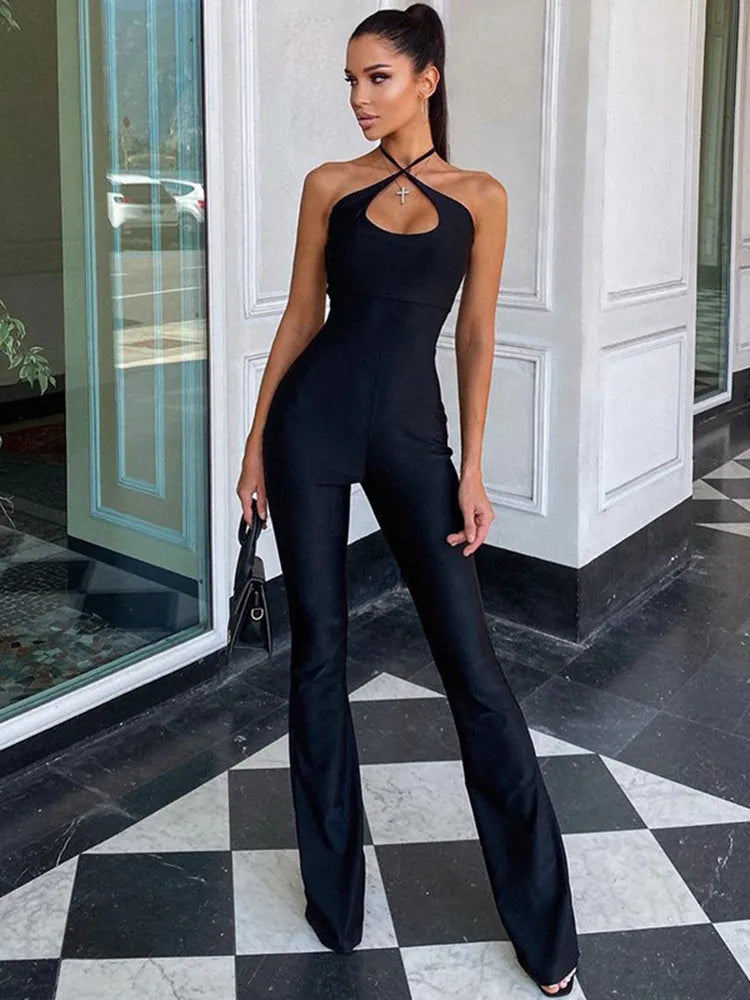 Neck Mounted Sexy Black Jumpsuits For Women Sleeveless Low Cut Elegant One Piece Outfit Slight Flared Pants Jump Suit Overall - TaMNz