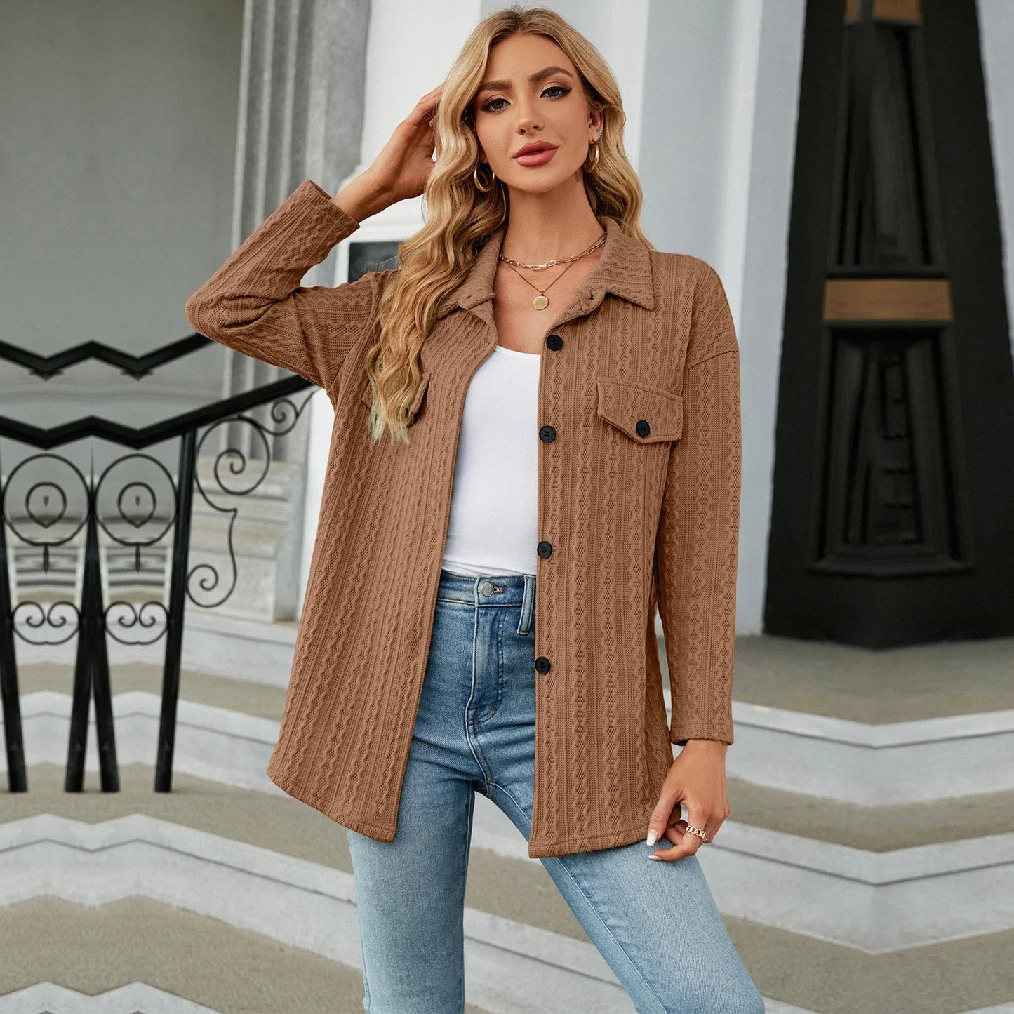 Autumn Winter Long Sleeve Shirts Brown Button Up Elegant Top For Women - TaMNz