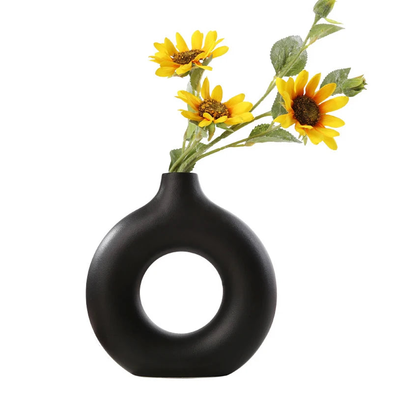 Nordic Vase Circular Hollow Ceramic Donuts Flower Pot Home Living Room Decoration Accessories Interior Office Desktop Decor Gift - TaMNz