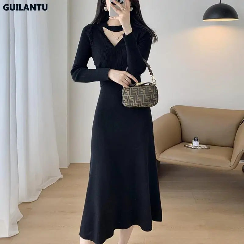 Women's Pullover Knitting Dresses V Neck Long Sleeve Bandahe Black Midi Dress Korean Style Elegant Vintage Sweater Knit Dress - Tamnz