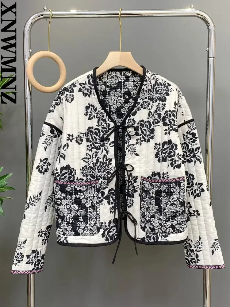 Women Fashion Print Quilted Jacket Woman Retro V Neck Tie Winter Warm Padded Jacket Female Chic Reversible Jacket - TaMNz