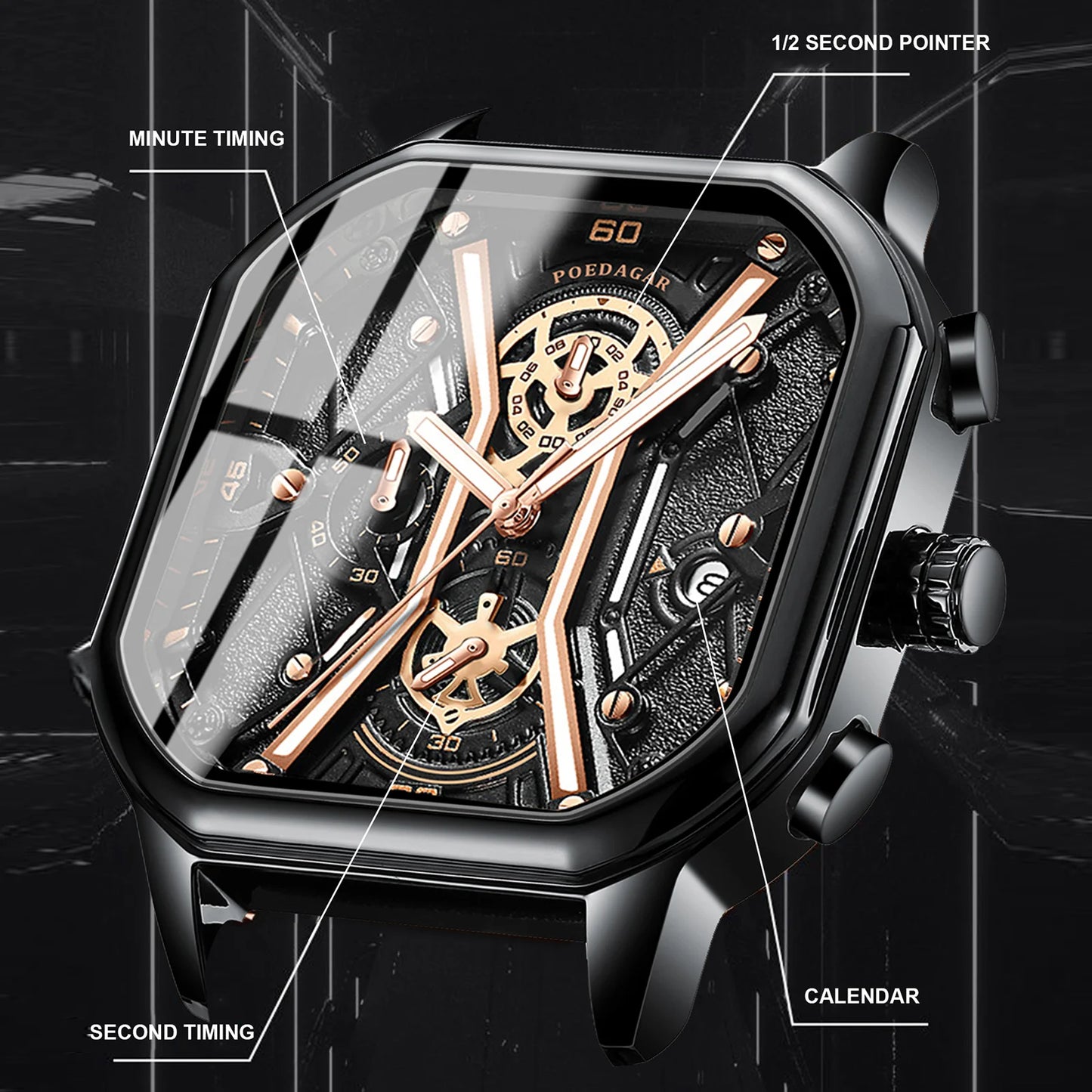 Chronograph Luminous Man Watch Square Dial Leather Quartz Men's Watches