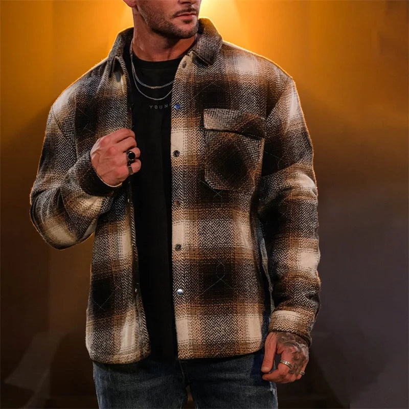 Men’s Flannel Shirt Jacket Casual Long Sleeve Lapel Collar Plaid Print Button Up Shacket Jacket Outwear - Tamnz