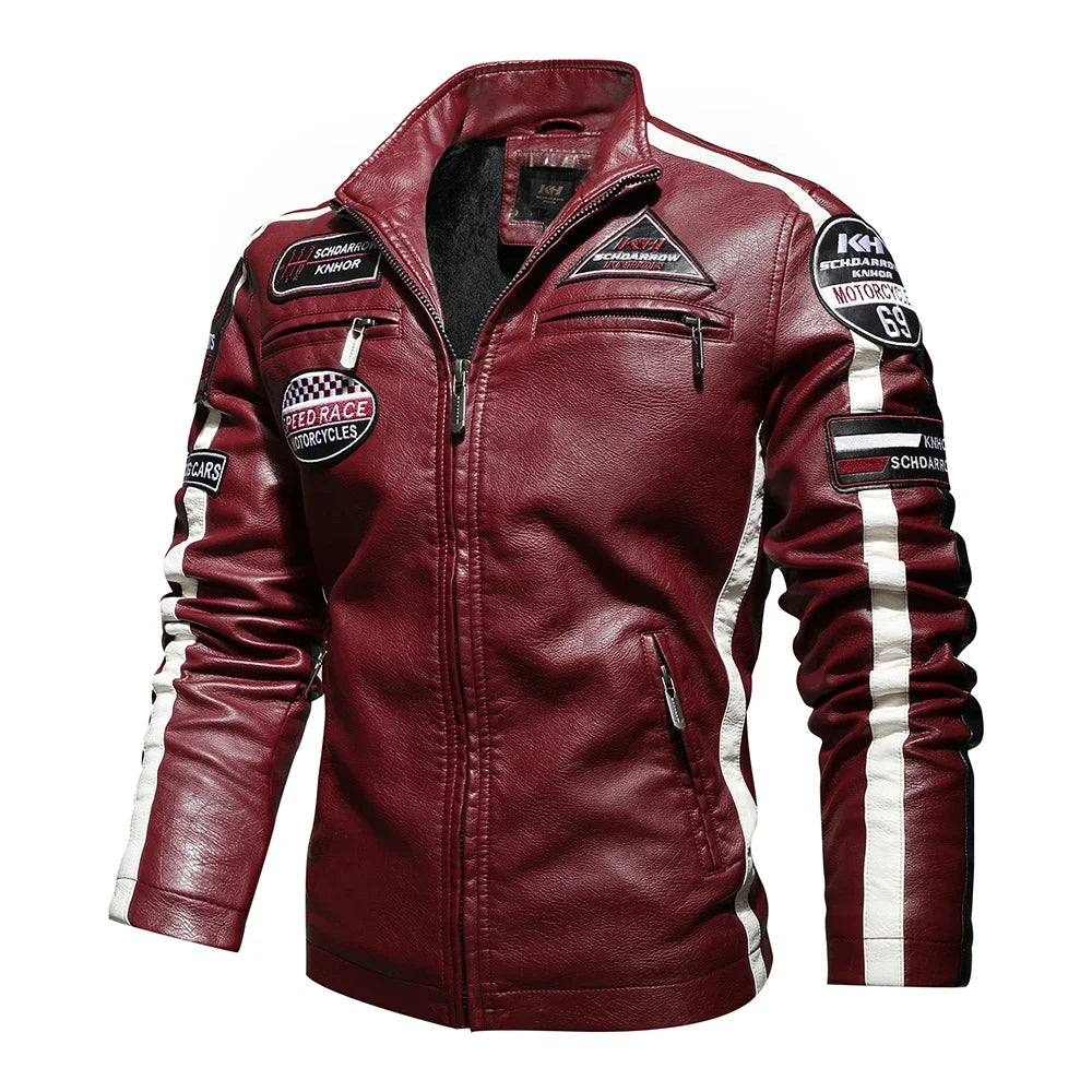 Mens Vintage Motorcycle Jacket  Men Fashion New Biker Leather Jacket Male Embroidery Bomber Coat Winter Fleece Pu Overcoat