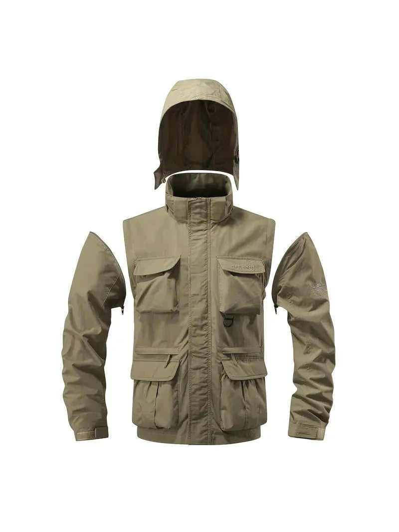 Detachable windproof sleeved hooded jacket suitable for outdoor activities men's casual waterproof multi pocket jacket vest