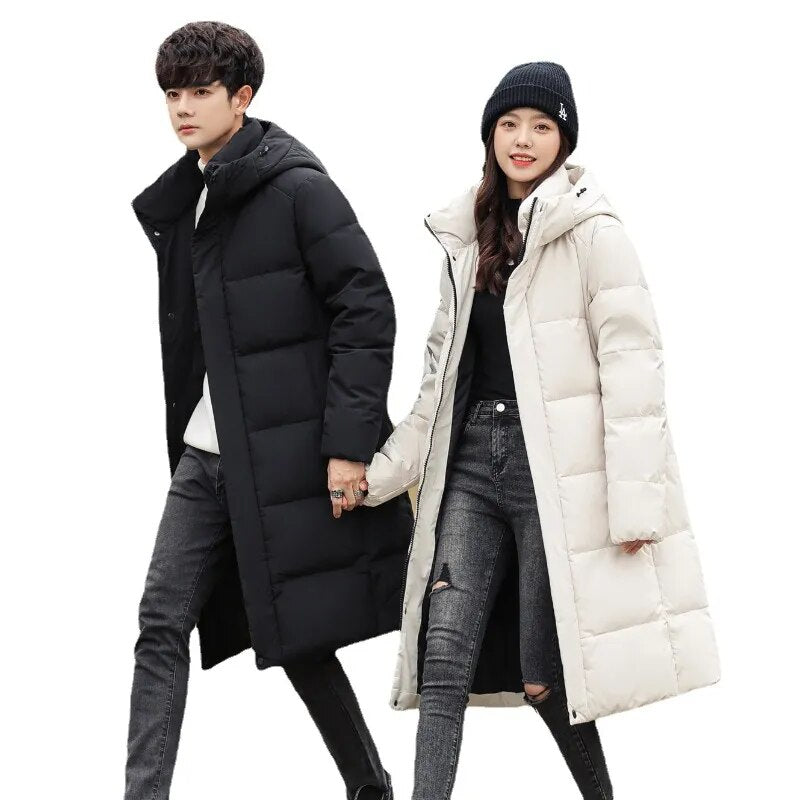 New Arrivals Men's Couple X-long Slim Fit Korean Down Jackets Female Thick （Winter) 90% White Duck Down Warm Hooded Down Coat - TaMNz