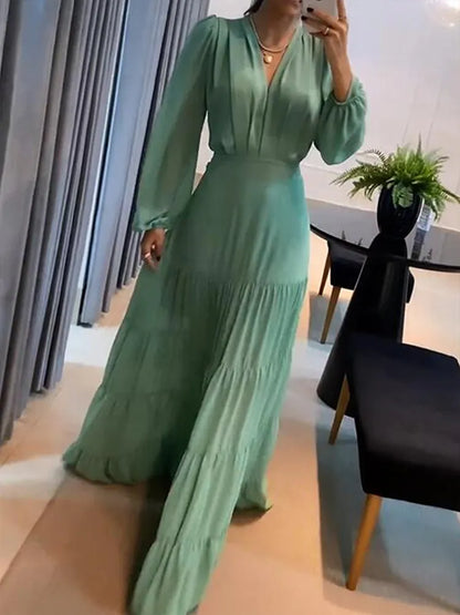 Drauuing Green V Neck Fold Hem Long Sleeve Maxi Dresses Women Elegant Hight Waist Loose Hem Party Dresses Women Autumn New - TaMNz