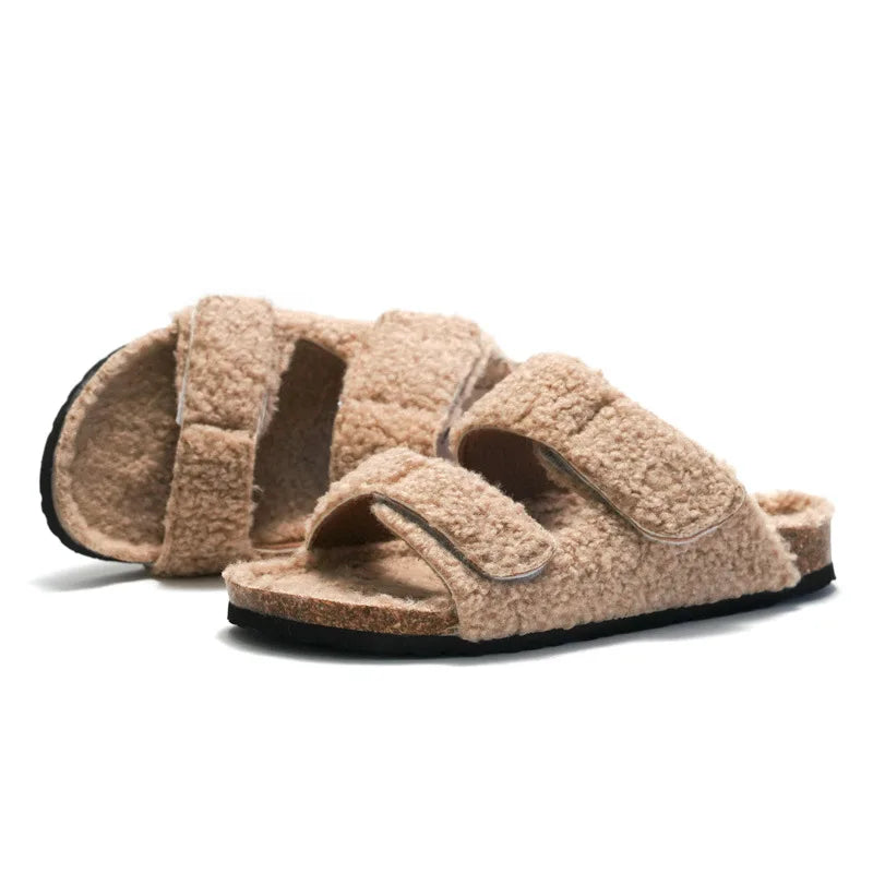 Comwarm Fashion Cork Footbed Fur Slippers For Women Men Winter Outdoor Wool Clogs Slippers Premium Soft Thick Sloed Home Slipper - Tamnz