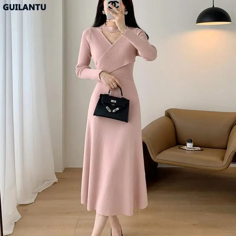 Women's Pullover Knitting Dresses V Neck Long Sleeve Bandahe Black Midi Dress Korean Style Elegant Vintage Sweater Knit Dress - TaMNz