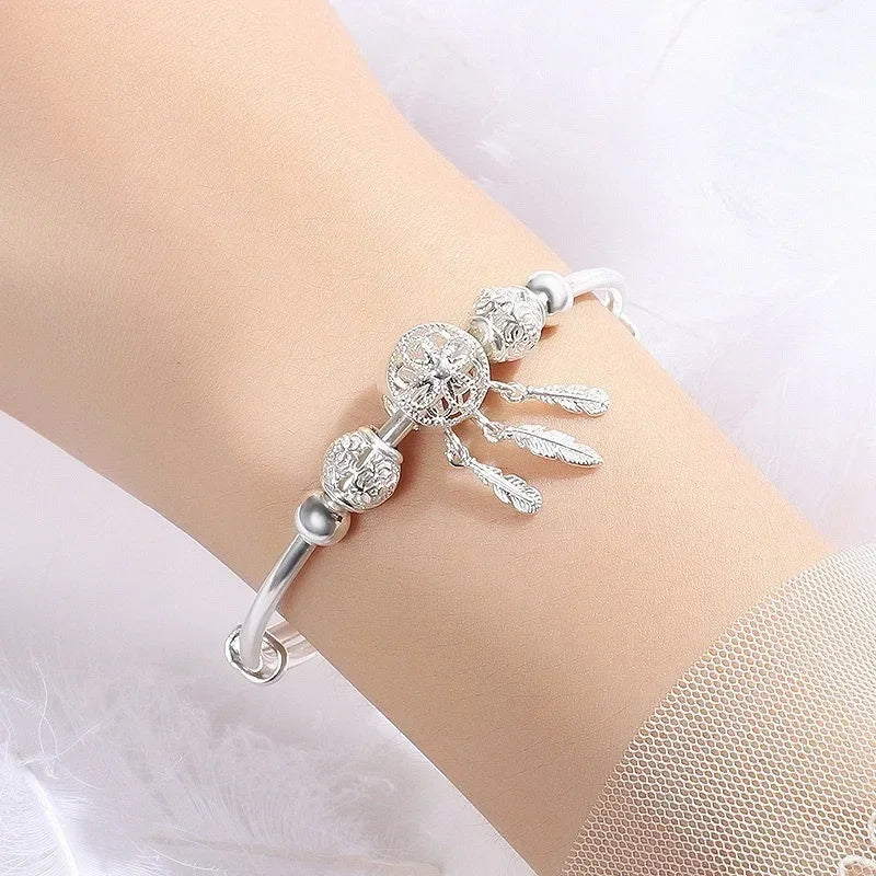 925 Sterling Silver Bracelets for Women Tassel Feather Round Bead Bangle Adjustable Charm Bracelet Luxury Wedding Jewelry Gifts