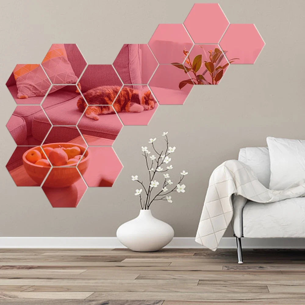 6/12pcs 3D Hexagon Mirror Wall Sticker Rose Gold DIY TV Background Living Room Stickers Wall Decor Bedroom Bathroom Home Decor - Tamnz