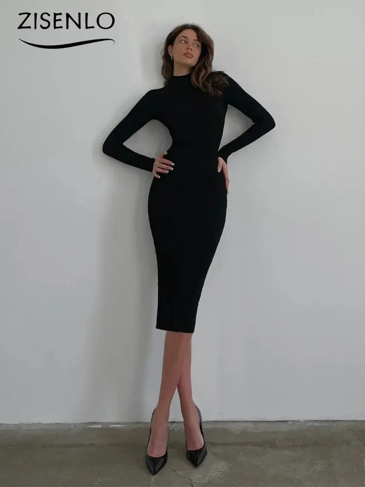 Elegant Womens Dresses Autumn New High Neck Mid-length Knitted Pullover Pure Color Tight Sexy Dresses One Piece Dress Streetwear - Tamnz