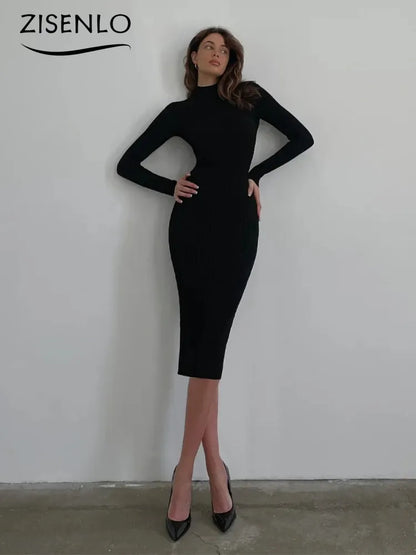 Elegant Womens Dresses Autumn New High Neck Mid-length Knitted Pullover Pure Color Tight Sexy Dresses One Piece Dress Streetwear - TaMNz
