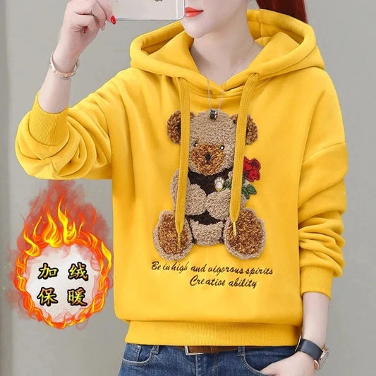 2024 Autumn Winter New Golden Velvet Hooded Sweatshirt Women's Thickened Double Sided Velvet Top Embroidered  Loose Coat Female